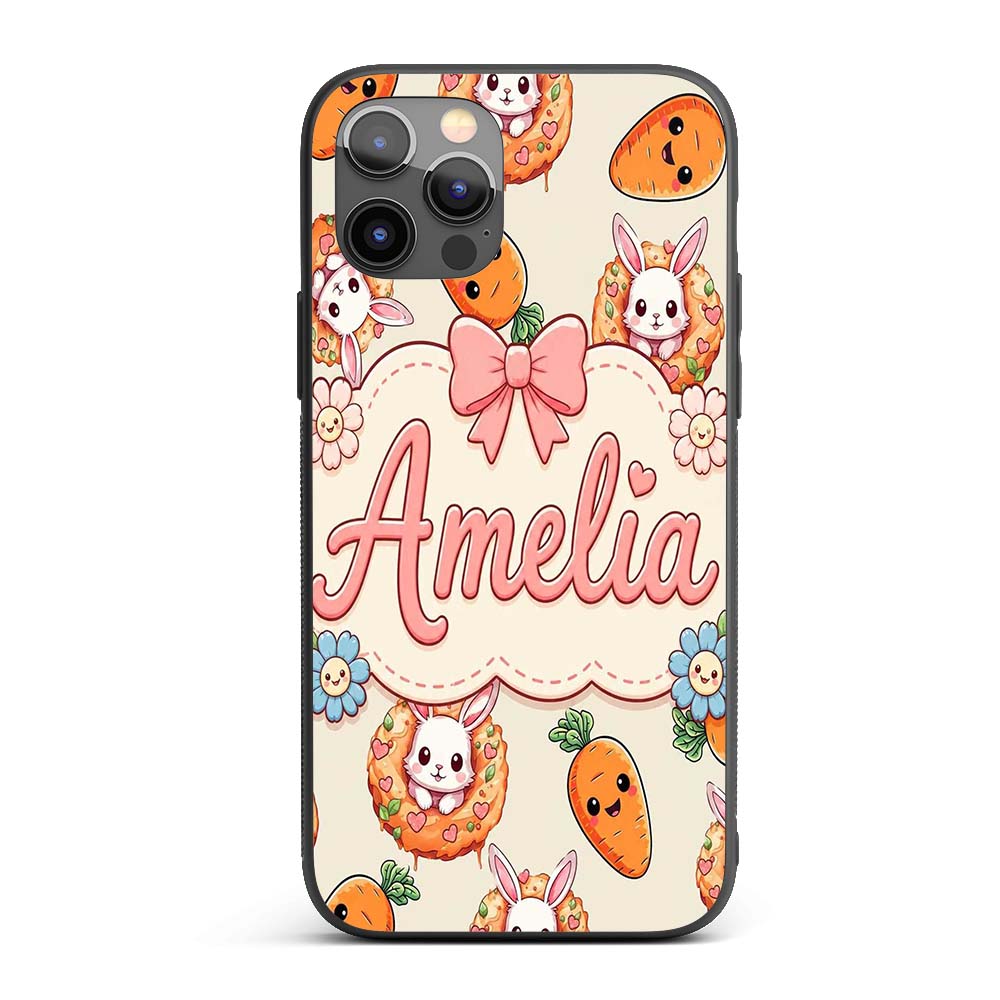 Cute Kawaii Bunny with Carrot Donut Seamless Custom Name Protective Phone Case Mobile Cover Durable Everyday Smartphone Shock Resistant