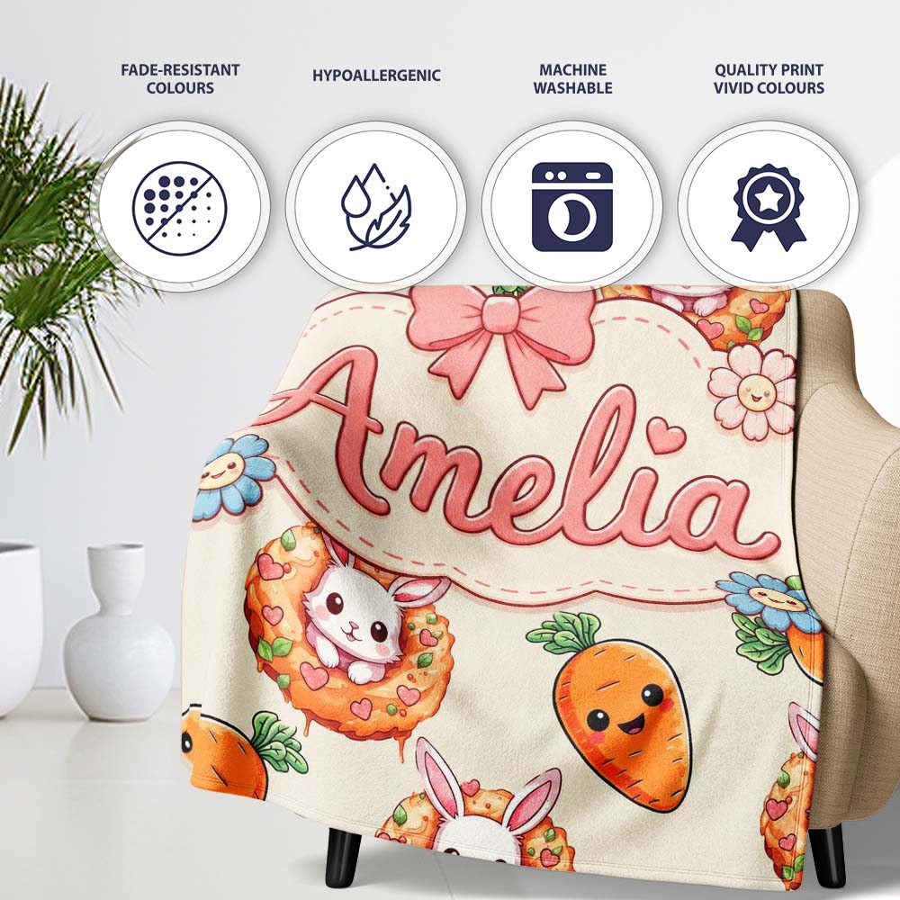 Cute Kawaii Bunny with Carrot Donut Seamless Pattern Cream Personalised Custom Name Super Soft Fleece Blanket Bed Sofa Throw