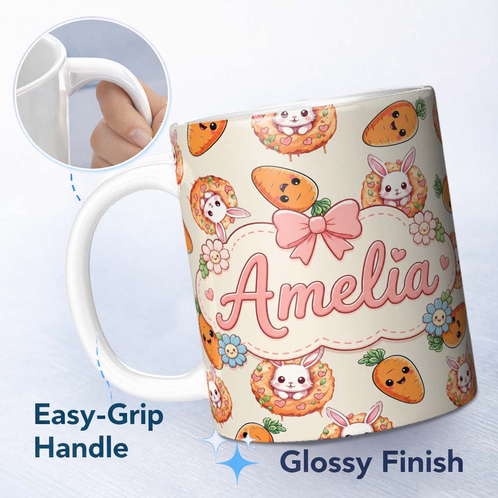 Personalized Custom Name Cute Kawaii Bunny with Carrot Donut Seamless Pattern Cream 11oz Ceramic Coffee Tea Mug White Large Handle
