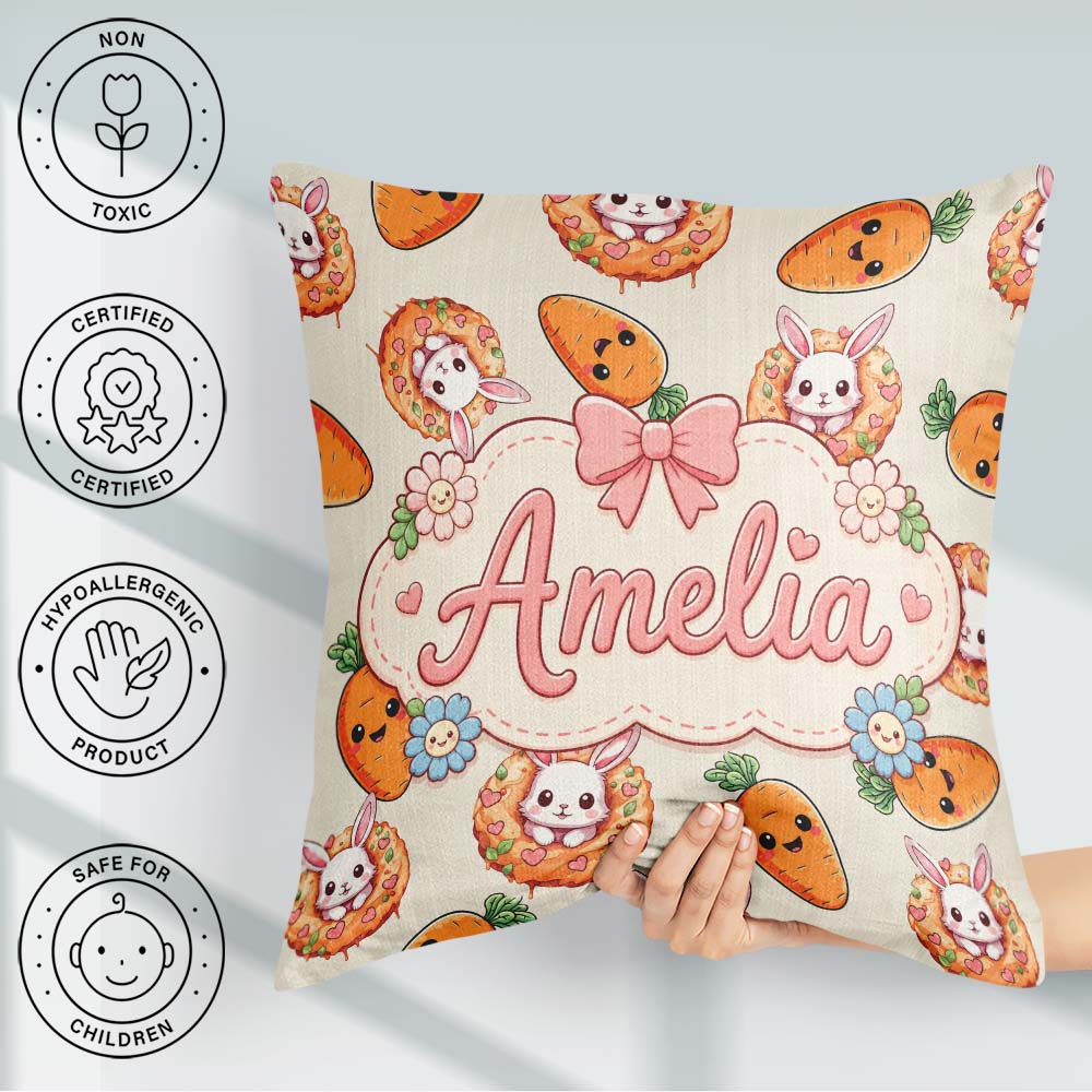 Custom Name Cute Kawaii Bunny with Carrot Donut Seamless Pattern Square Filled Cushion Throw Pillow Sofa Bed Home Decor Zip Washable UK Made