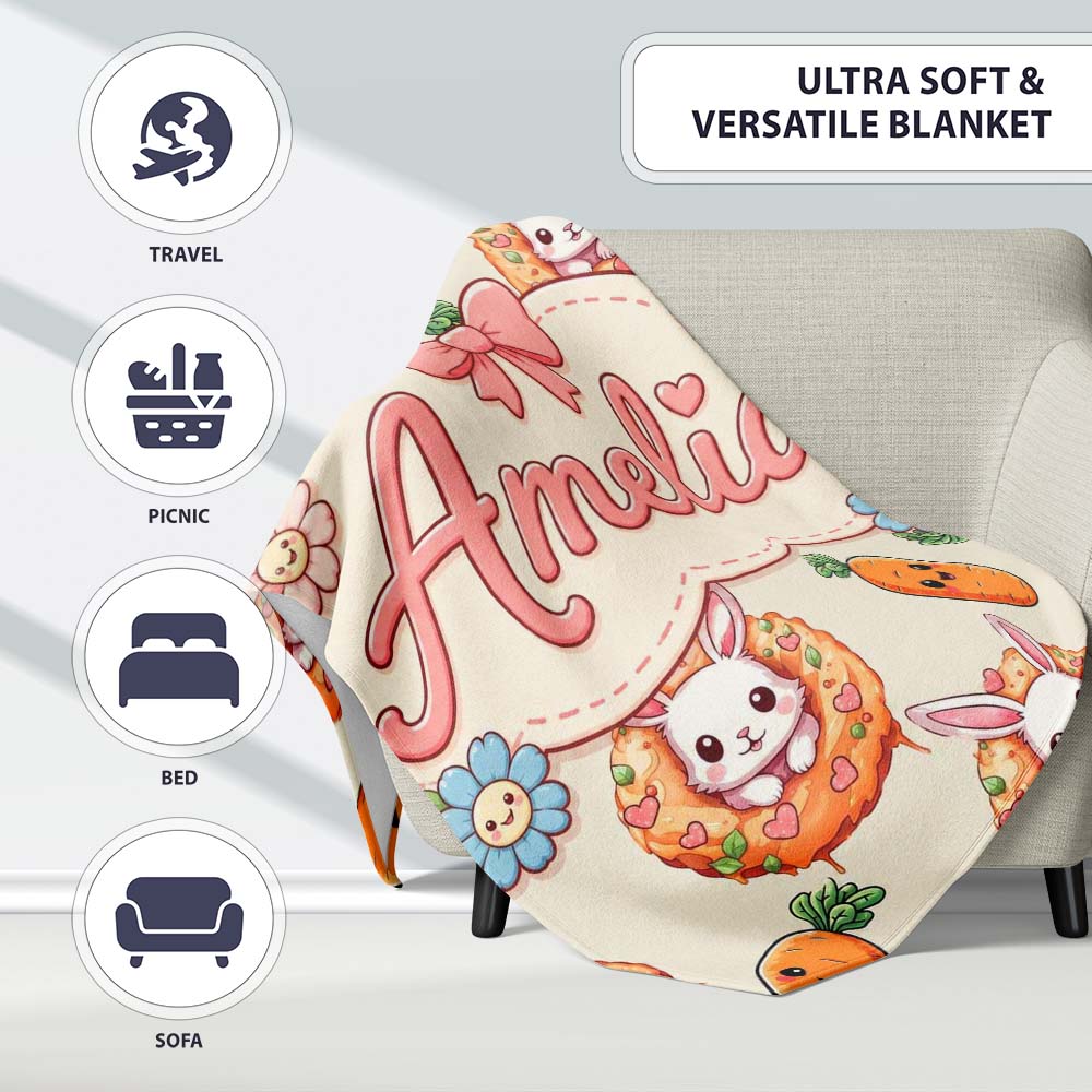 Cute Kawaii Bunny with Carrot Donut Seamless Pattern Cream Personalised Custom Name Super Soft Fleece Blanket Bed Sofa Throw