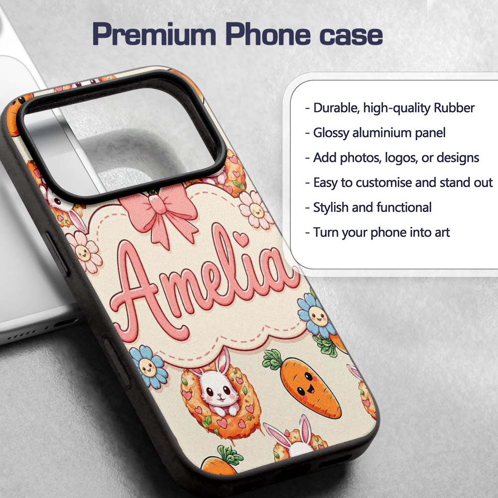 Cute Kawaii Bunny with Carrot Donut Seamless Custom Name Protective Phone Case Mobile Cover Durable Everyday Smartphone Shock Resistant