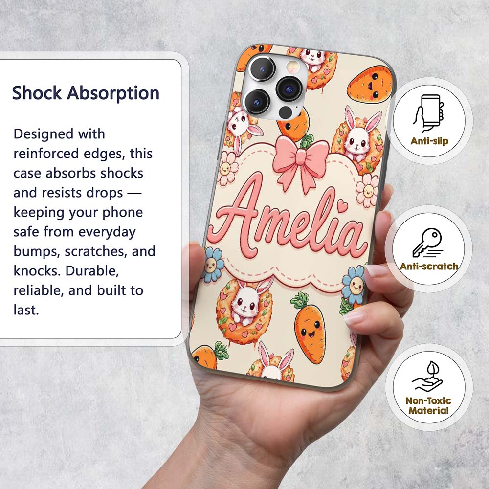 Cute Kawaii Bunny with Carrot Donut Seamless Custom Name Protective Phone Case Mobile Cover Durable Everyday Smartphone Shock Resistant
