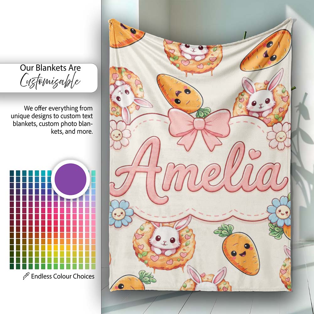 Cute Kawaii Bunny with Carrot Donut Seamless Pattern Cream Personalised Custom Name Super Soft Fleece Blanket Bed Sofa Throw