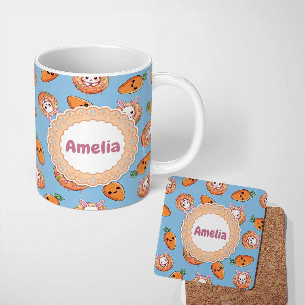 Personalized Custom Name Cute Kawaii Bunny with Carrot Donut Seamless Pattern Blue 11oz Ceramic Coffee Tea Mug White Large Handle