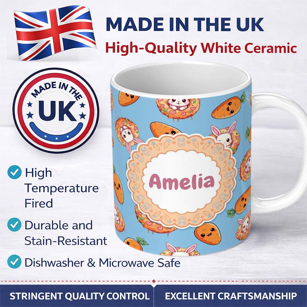 Personalized Custom Name Cute Kawaii Bunny with Carrot Donut Seamless Pattern Blue 11oz Ceramic Coffee Tea Mug White Large Handle