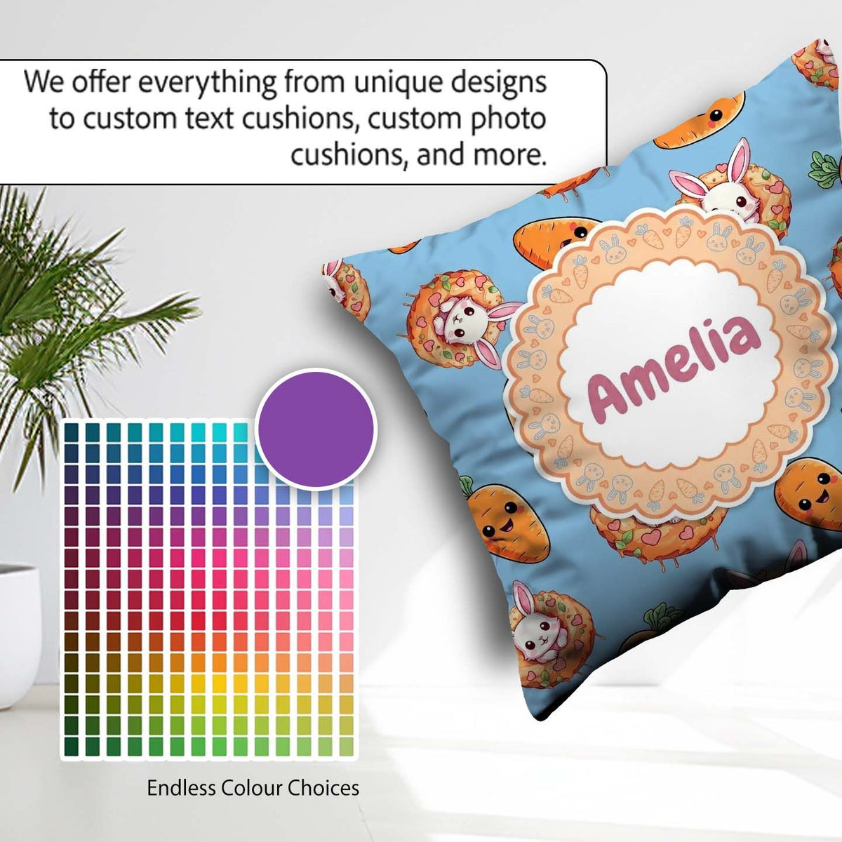 Custom Name Kawaii Bunny with Carrot Donut Seamless Pattern Blue Square Filled Cushion Throw Pillow Sofa Bed Home Decor Zip Washable UK Made