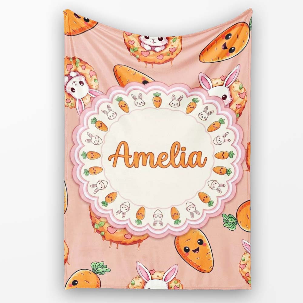 Cute Kawaii Bunny with Carrot Donut Seamless Pattern Peach Personalised Custom Name Super Soft Fleece Blanket Bed Sofa Throw