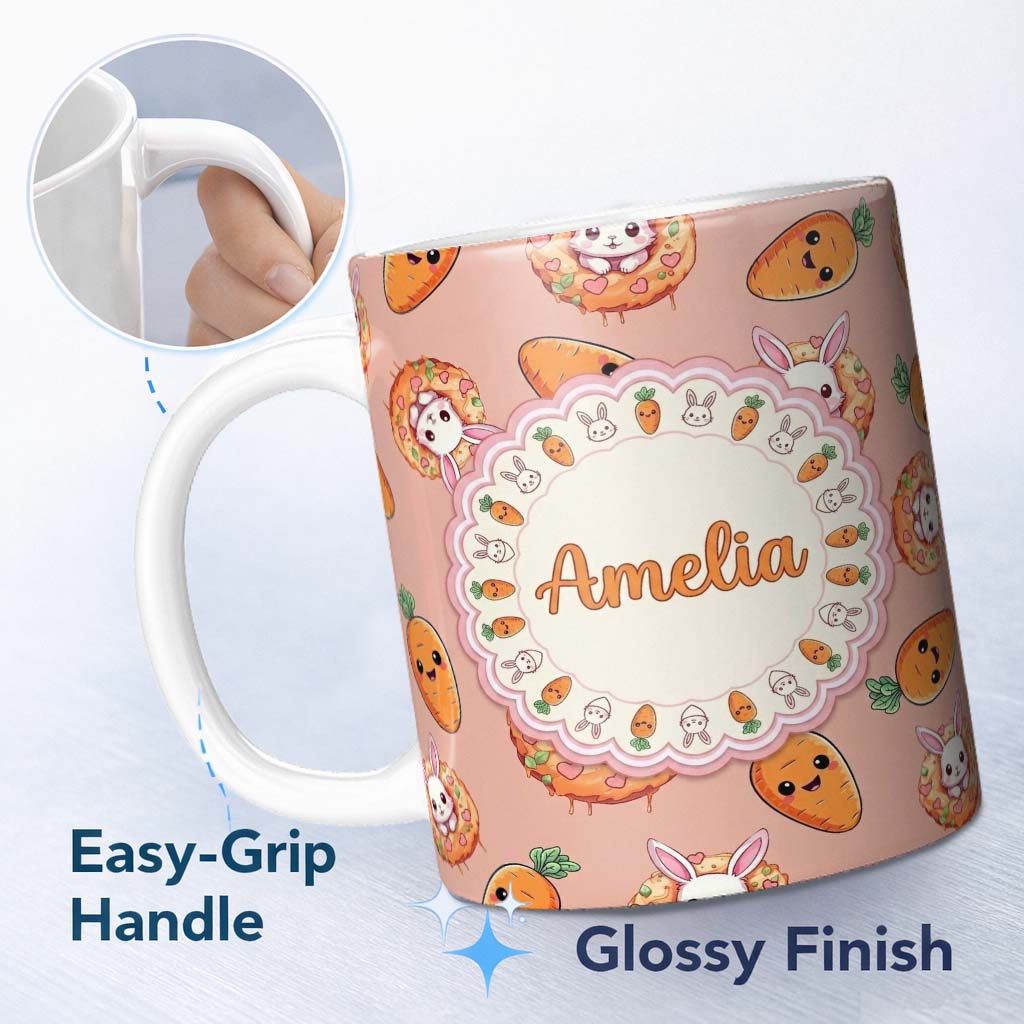 Personalized Custom Name Cute Kawaii Bunny with Carrot Donut Seamless Pattern Peach 11oz Ceramic Coffee Tea Mug White Large Handle