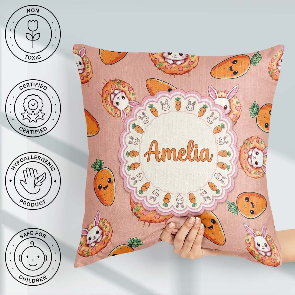 Custom Name Cute Kawaii Bunny with Carrot Donut Seamless Pattern Square Filled Cushion Throw Pillow Sofa Bed Home Decor Zip Washable UK Made
