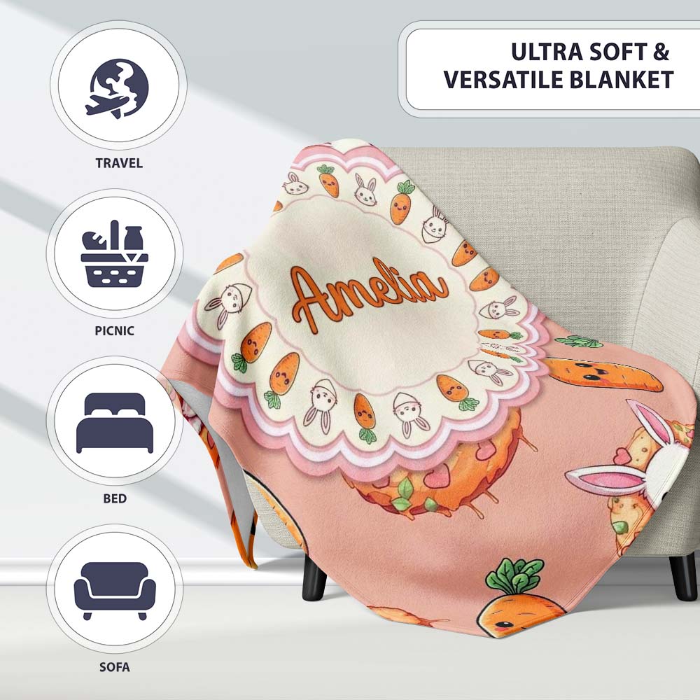 Cute Kawaii Bunny with Carrot Donut Seamless Pattern Peach Personalised Custom Name Super Soft Fleece Blanket Bed Sofa Throw