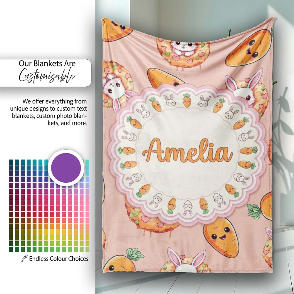 Cute Kawaii Bunny with Carrot Donut Seamless Pattern Peach Personalised Custom Name Super Soft Fleece Blanket Bed Sofa Throw