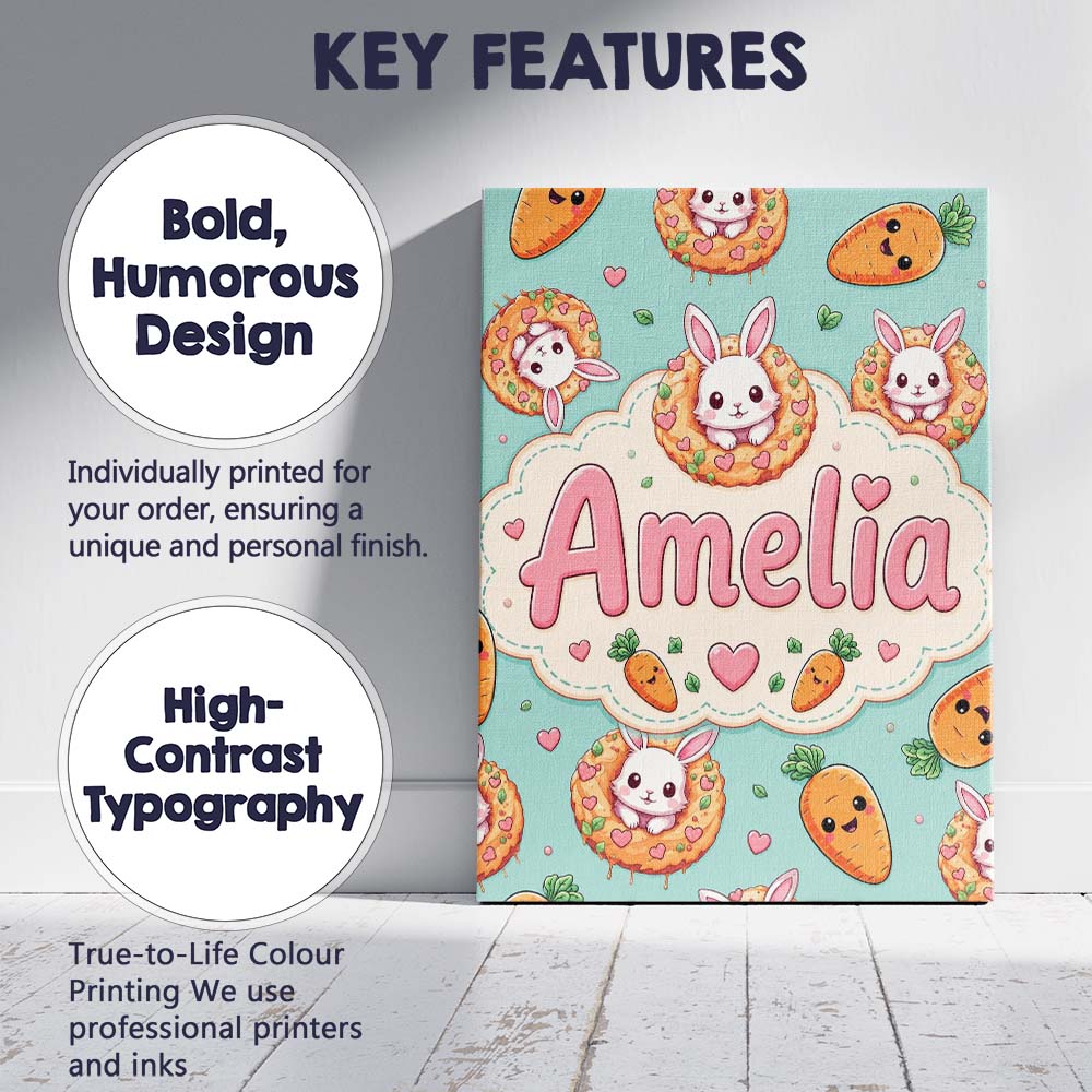 Personalised Name Cute Kawaii Bunny with Custom Unique Gift Idea Elegant Feature Canvas Wall Art Print Decor Picture Ready to Hang