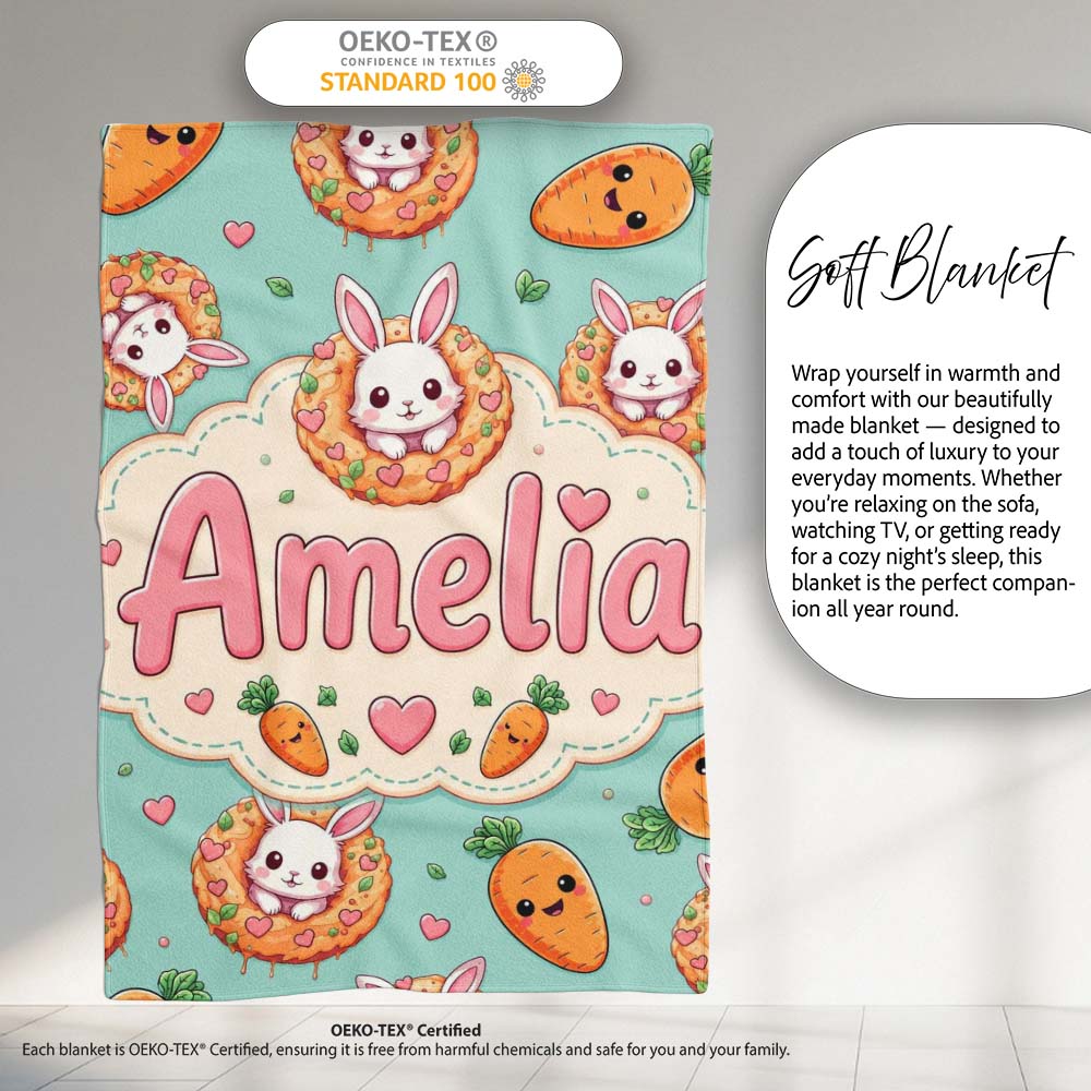 Cute Kawaii Bunny with Carrot Donut Seamless Pattern Mint Personalised Custom Name Super Soft Fleece Blanket Bed Sofa Throw