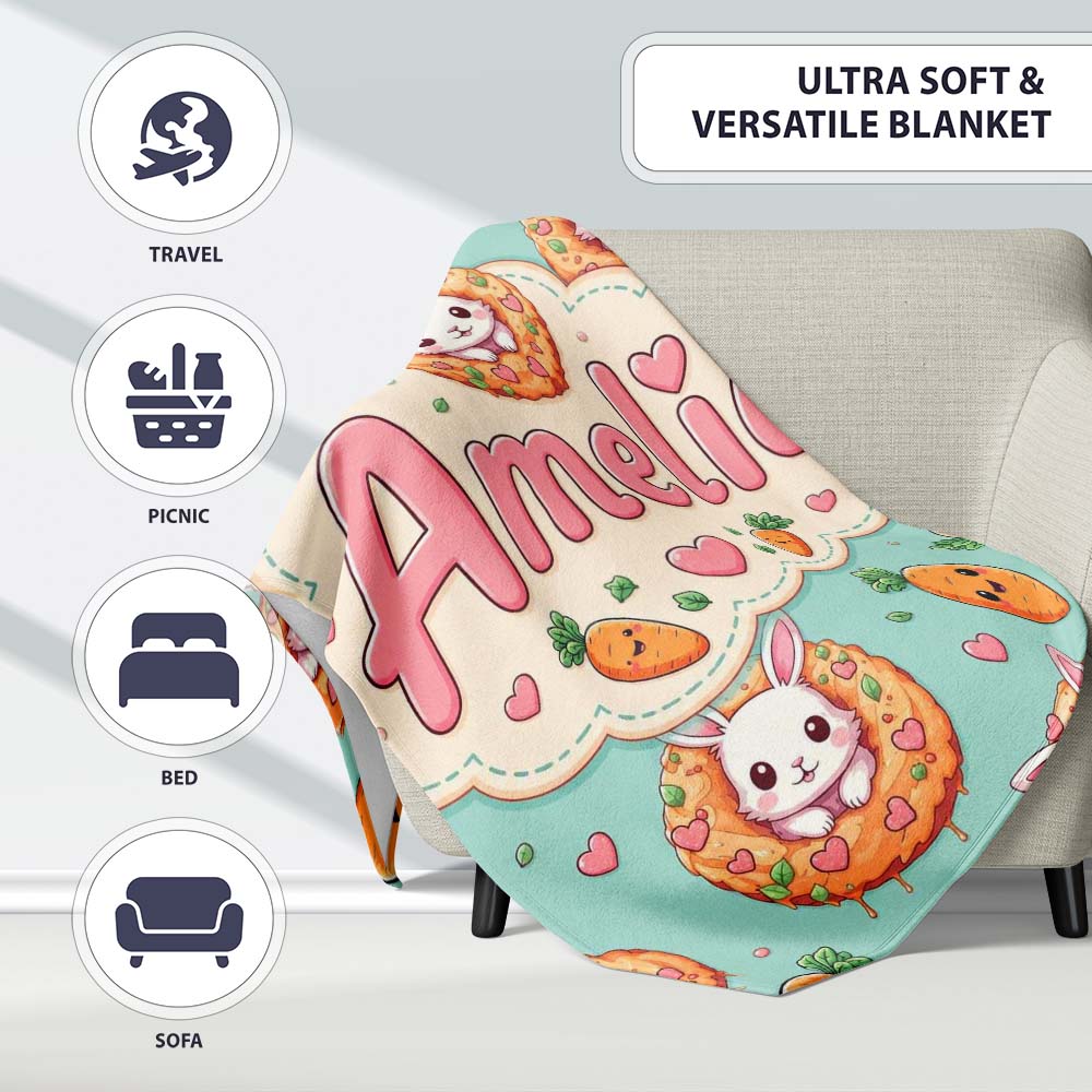 Cute Kawaii Bunny with Carrot Donut Seamless Pattern Mint Personalised Custom Name Super Soft Fleece Blanket Bed Sofa Throw