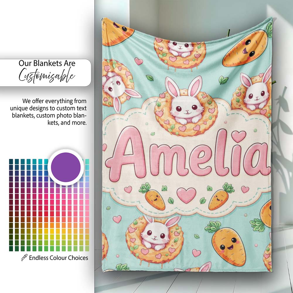 Cute Kawaii Bunny with Carrot Donut Seamless Pattern Mint Personalised Custom Name Super Soft Fleece Blanket Bed Sofa Throw