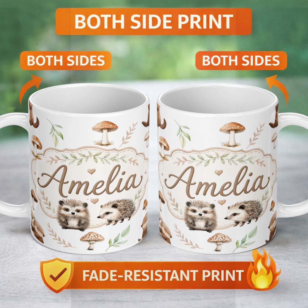Personalized Custom Name Cute Woodland Hedgehog Mushrooms Leaves Seamless Pattern Soft Grey 11oz Ceramic Coffee Tea Mug White Large Handle