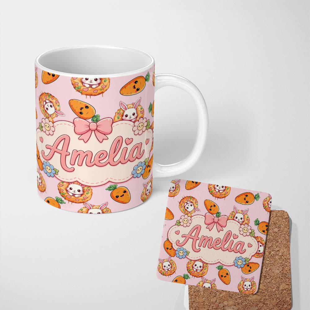 Personalized Custom Name Cute Kawaii Bunny with Carrot Donut Seamless Pattern Pink 11oz Ceramic Coffee Tea Mug White Large Handle