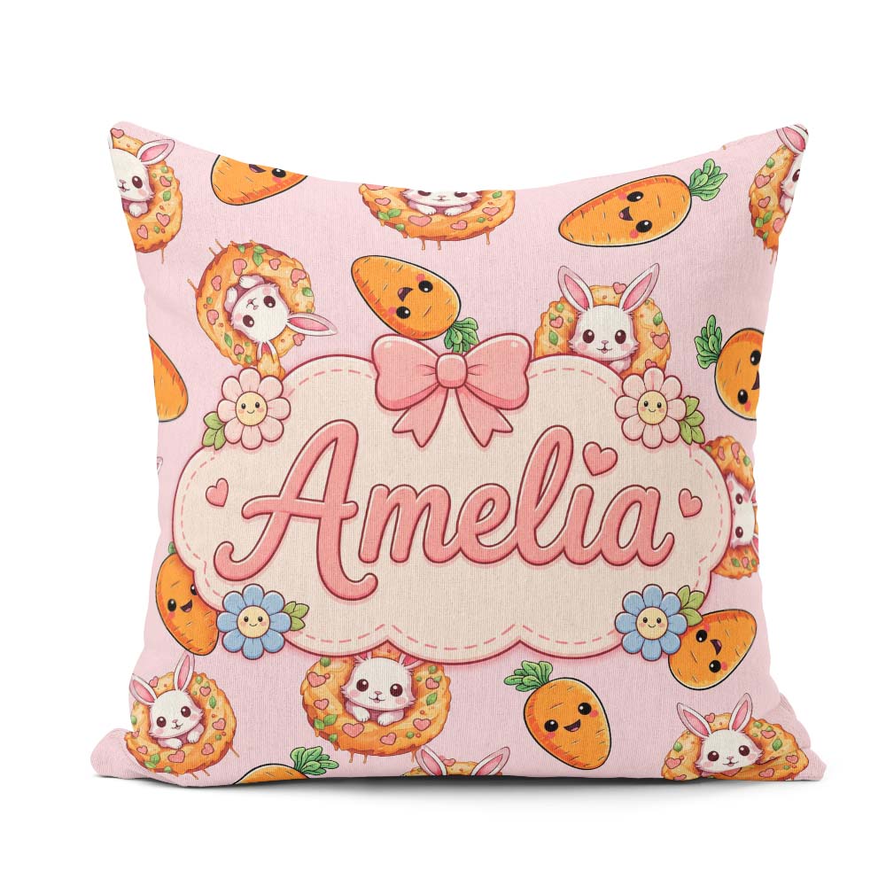 Custom Name Kawaii Bunny with Carrot Donut Seamless Pattern Pink Square Filled Cushion Throw Pillow Sofa Bed Home Decor Zip Washable UK Made