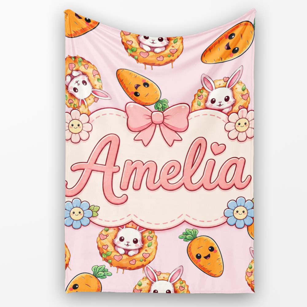 Cute Kawaii Bunny with Carrot Donut Seamless Pattern Pink Personalised Custom Name Super Soft Fleece Blanket Bed Sofa Throw