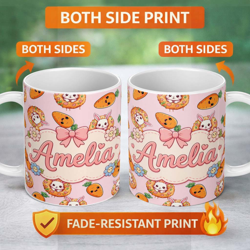 Personalized Custom Name Cute Kawaii Bunny with Carrot Donut Seamless Pattern Pink 11oz Ceramic Coffee Tea Mug White Large Handle
