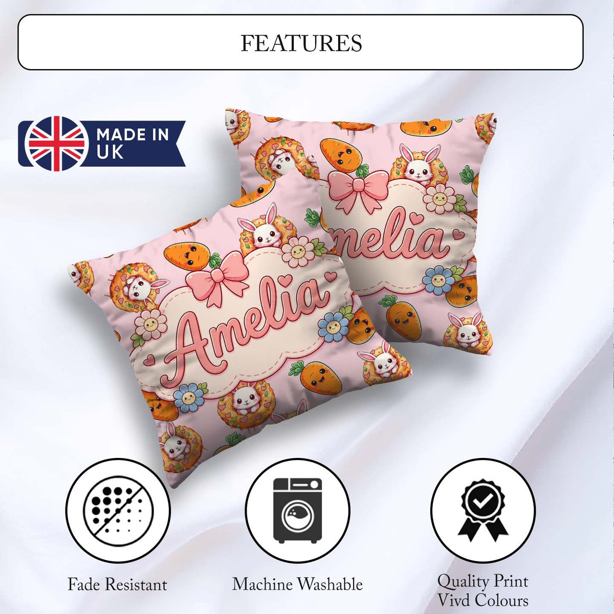 Custom Name Kawaii Bunny with Carrot Donut Seamless Pattern Pink Square Filled Cushion Throw Pillow Sofa Bed Home Decor Zip Washable UK Made