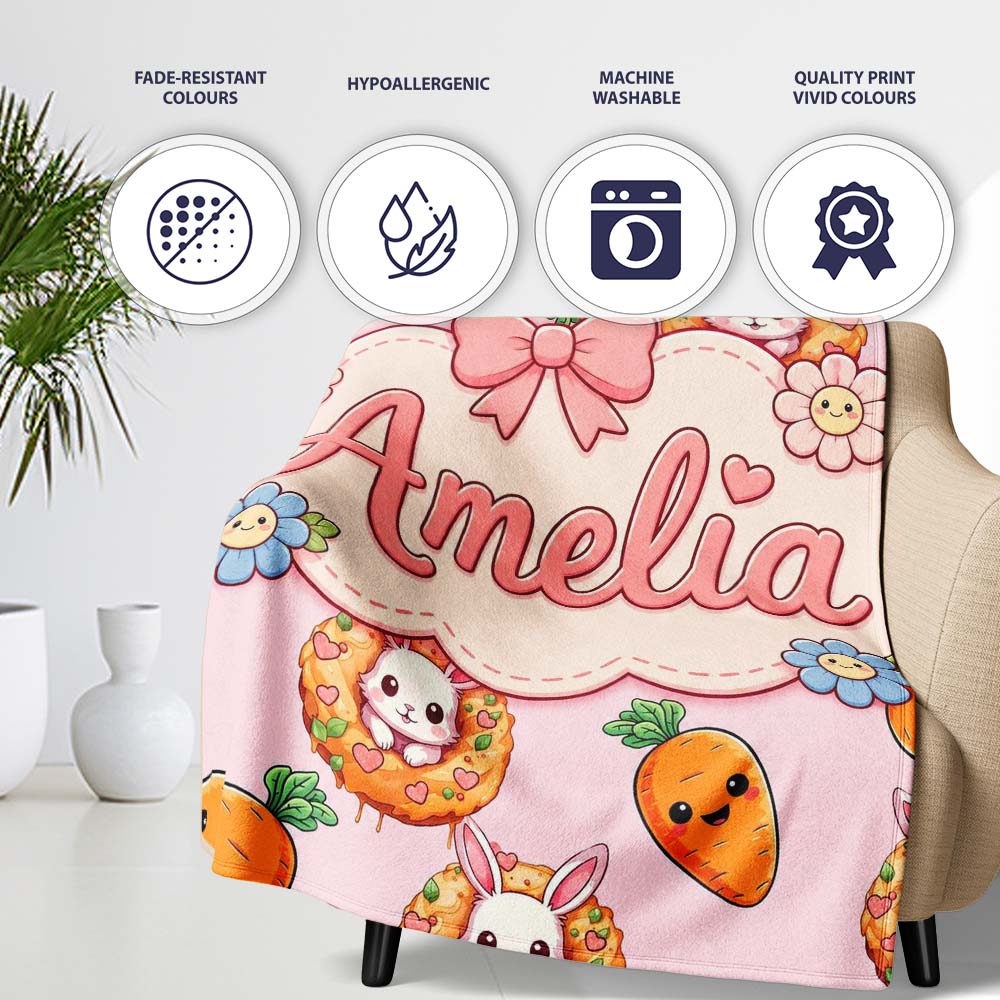 Cute Kawaii Bunny with Carrot Donut Seamless Pattern Pink Personalised Custom Name Super Soft Fleece Blanket Bed Sofa Throw