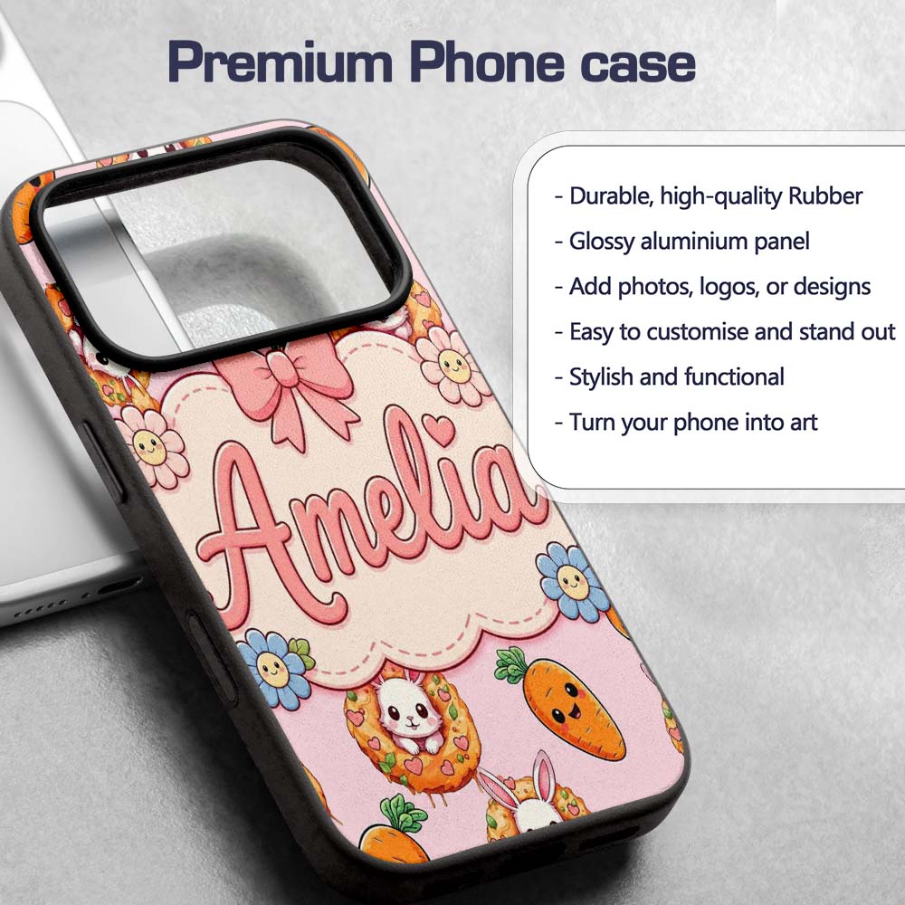 Cute Kawaii Bunny with Carrot Donut Seamless Custom Name Protective Phone Case Mobile Cover Durable Everyday Smartphone Shock Resistant