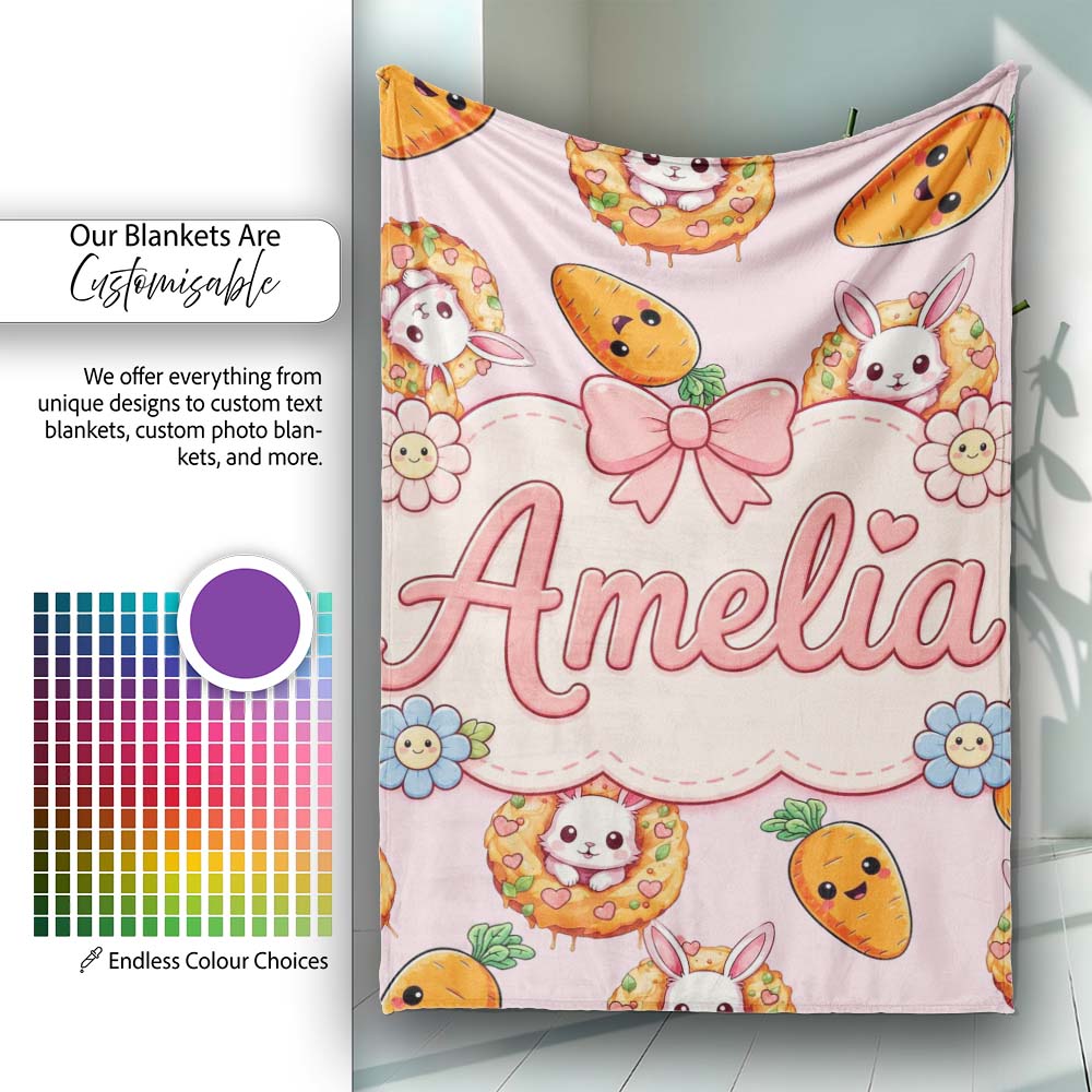 Cute Kawaii Bunny with Carrot Donut Seamless Pattern Pink Personalised Custom Name Super Soft Fleece Blanket Bed Sofa Throw