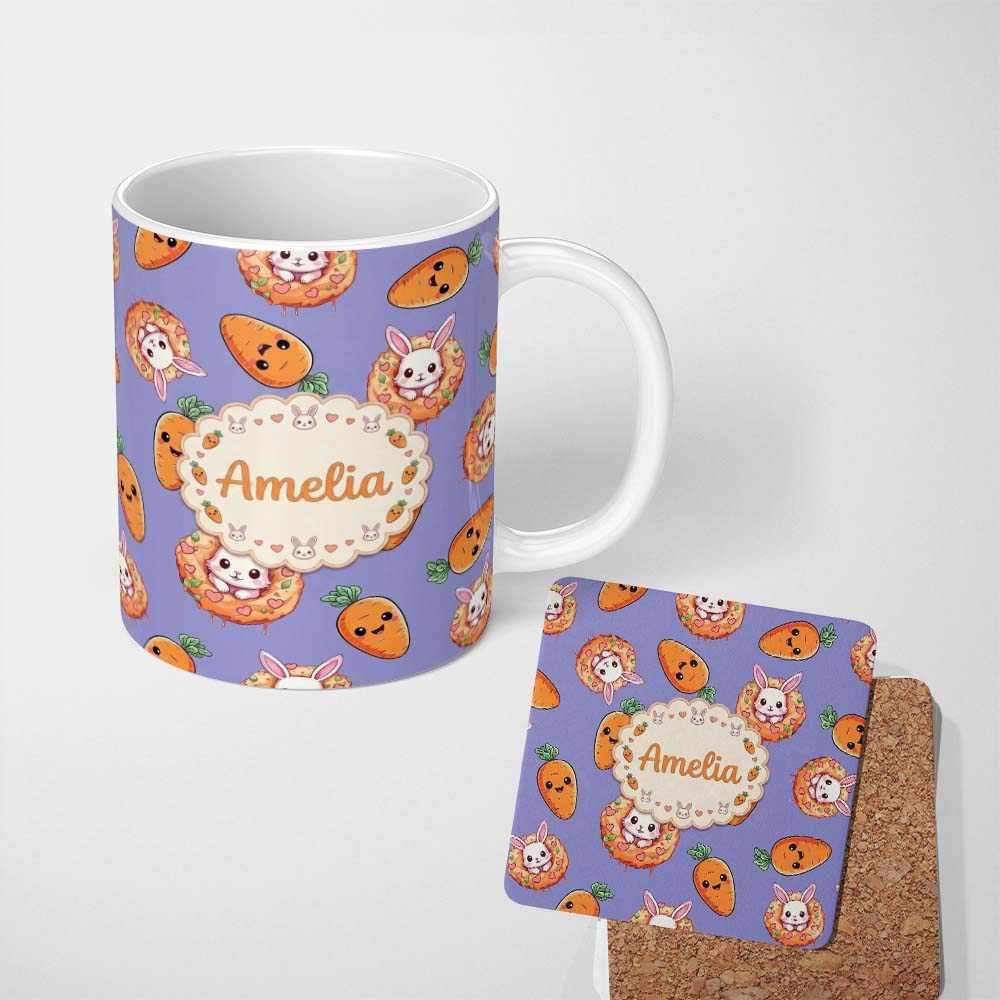 Personalized Custom Name Cute Kawaii Bunny with Carrot Donut Seamless Pattern Purple 11oz Ceramic Coffee Tea Mug White Large Handle