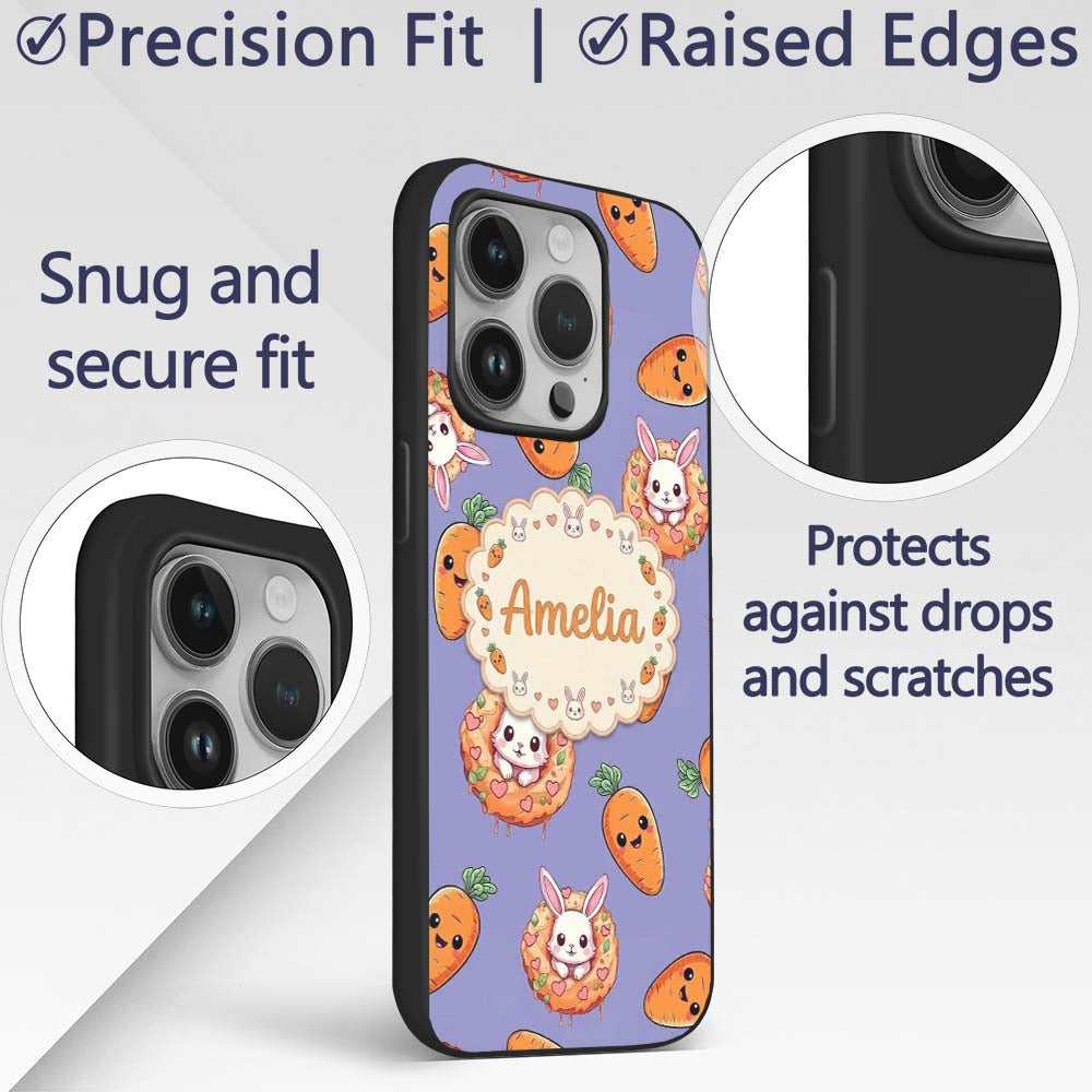 Cute Kawaii Bunny with Carrot Donut Seamless Custom Name Protective Phone Case Mobile Cover Durable Everyday Smartphone Shock Resistant