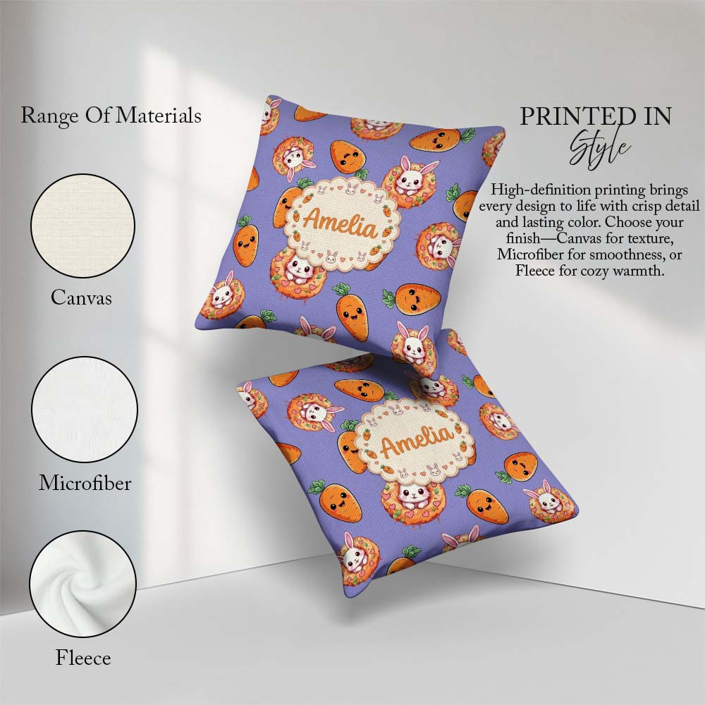 Custom Name Cute Kawaii Bunny with Carrot Donut Seamless Pattern Square Filled Cushion Throw Pillow Sofa Bed Home Decor Zip Washable UK Made