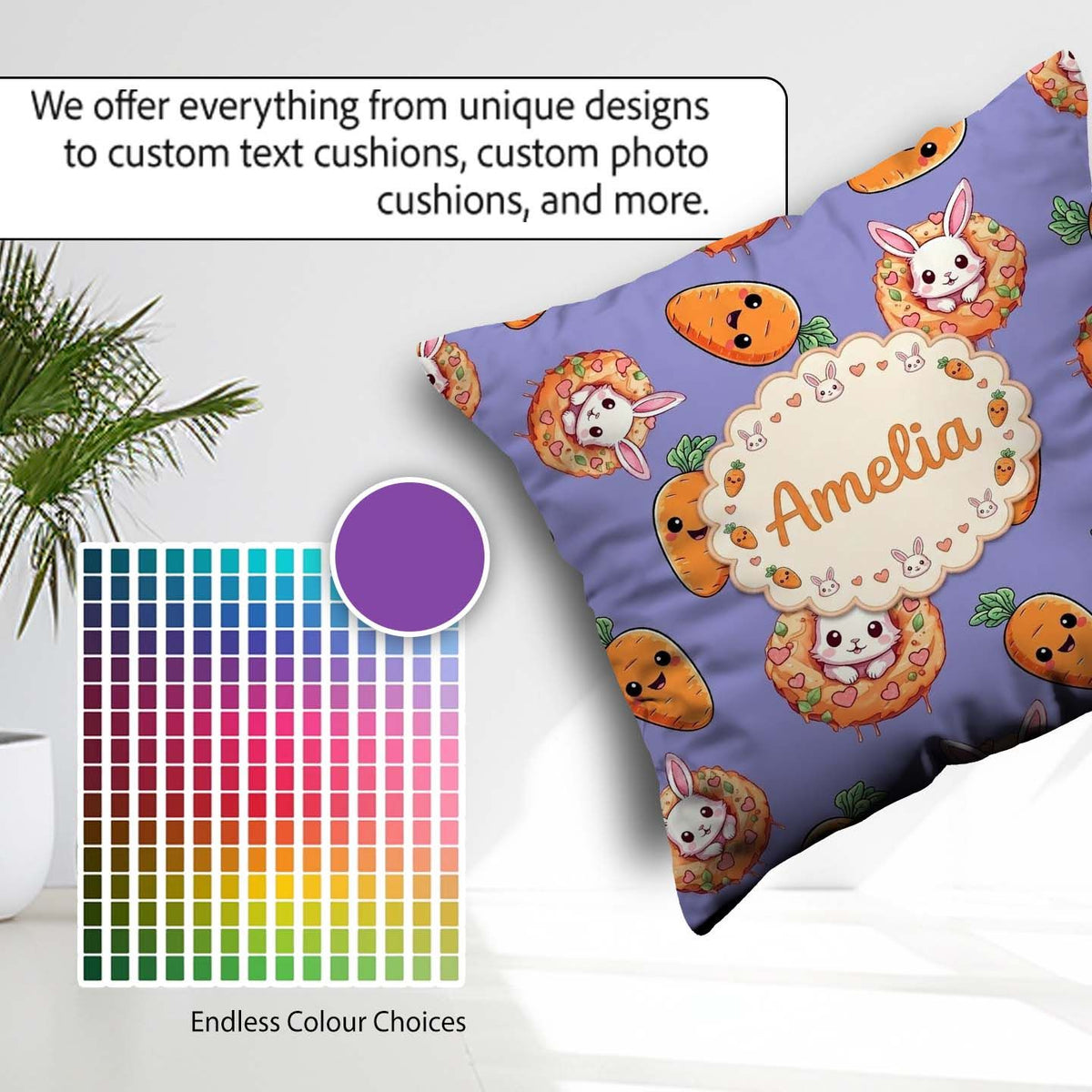 Custom Name Cute Kawaii Bunny with Carrot Donut Seamless Pattern Square Filled Cushion Throw Pillow Sofa Bed Home Decor Zip Washable UK Made