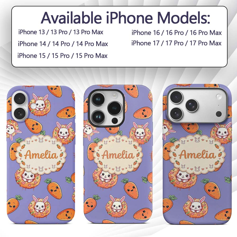 Cute Kawaii Bunny with Carrot Donut Seamless Custom Name Protective Phone Case Mobile Cover Durable Everyday Smartphone Shock Resistant
