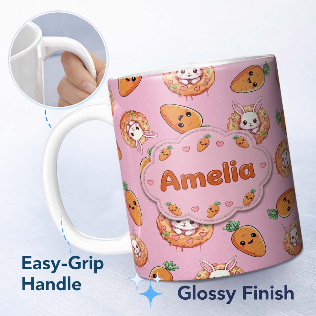 Personalized Custom Name Cute Kawaii Bunny with Carrot Donut Seamless Pattern Blush 11oz Ceramic Coffee Tea Mug White Large Handle