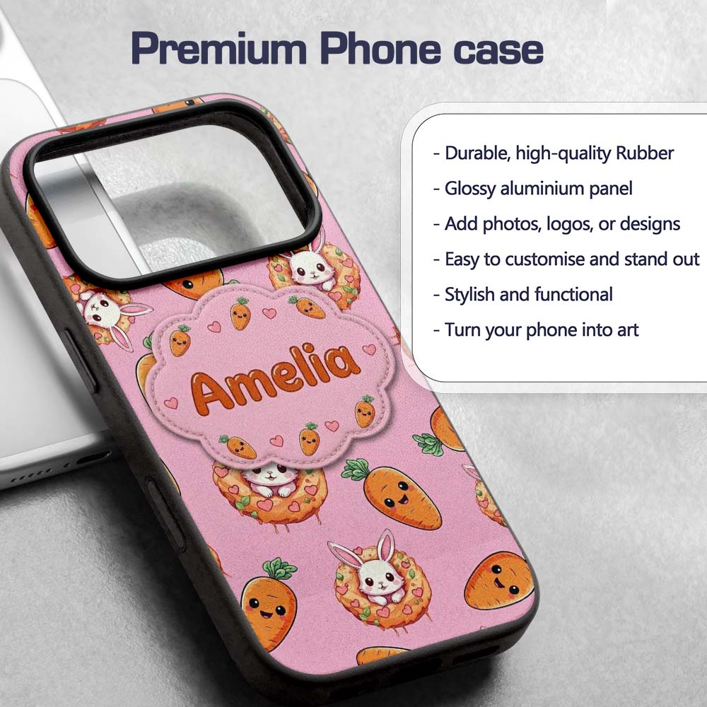 Cute Kawaii Bunny with Carrot Donut Seamless Custom Name Protective Phone Case Mobile Cover Durable Everyday Smartphone Shock Resistant