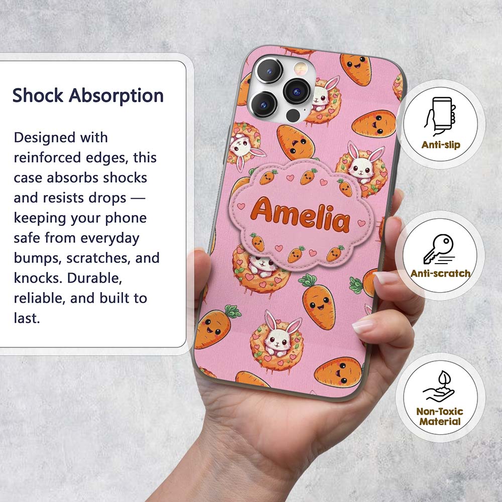 Cute Kawaii Bunny with Carrot Donut Seamless Custom Name Protective Phone Case Mobile Cover Durable Everyday Smartphone Shock Resistant