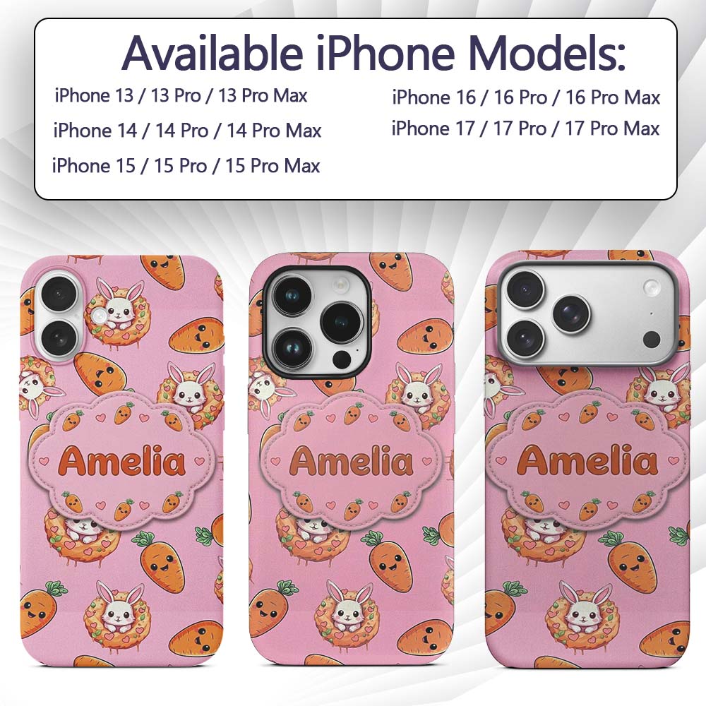 Cute Kawaii Bunny with Carrot Donut Seamless Custom Name Protective Phone Case Mobile Cover Durable Everyday Smartphone Shock Resistant