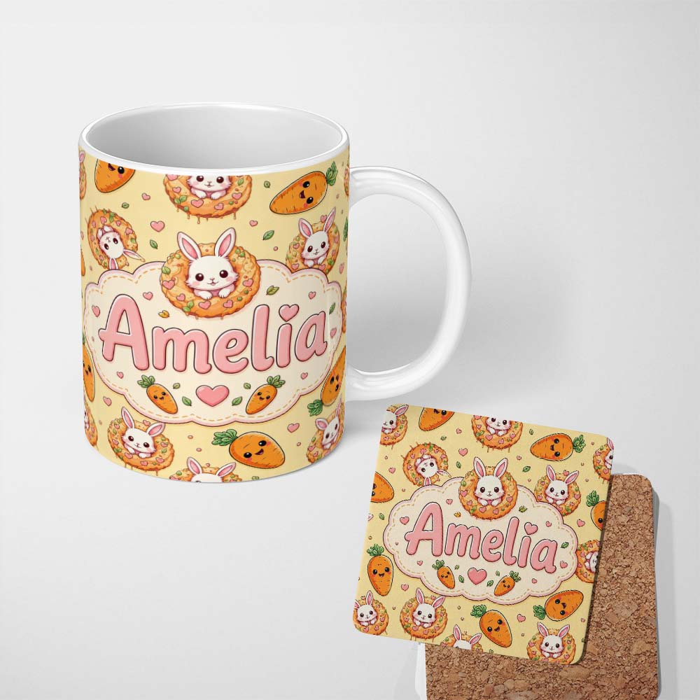 Personalized Custom Name Cute Kawaii Bunny with Carrot Donut Seamless Pattern Yellow 11oz Ceramic Coffee Tea Mug White Large Handle