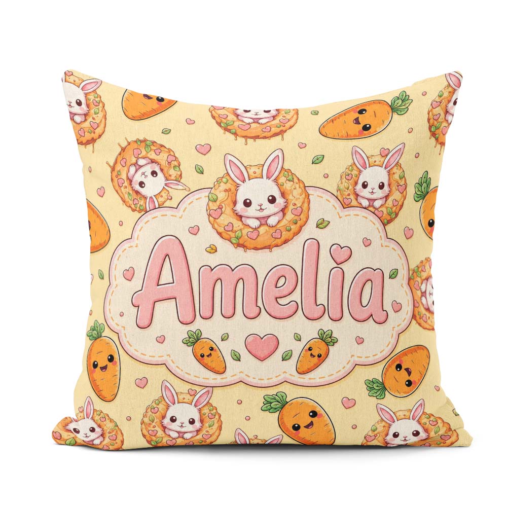 Custom Name Cute Kawaii Bunny with Carrot Donut Seamless Pattern Square Filled Cushion Throw Pillow Sofa Bed Home Decor Zip Washable UK Made