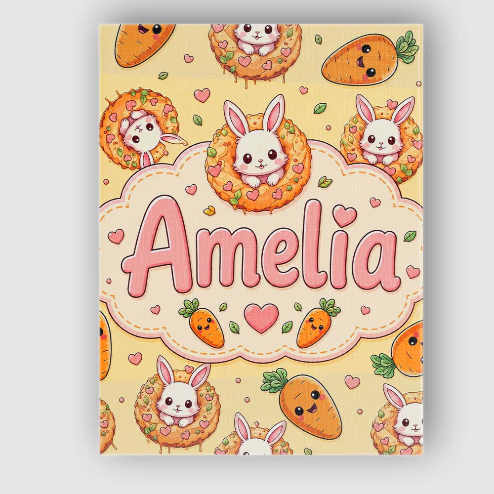 Personalised Name Cute Kawaii Bunny with Custom Unique Gift Idea Elegant Feature Canvas Wall Art Print Decor Picture Ready to Hang