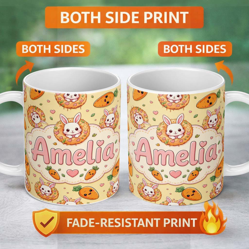 Personalized Custom Name Cute Kawaii Bunny with Carrot Donut Seamless Pattern Yellow 11oz Ceramic Coffee Tea Mug White Large Handle
