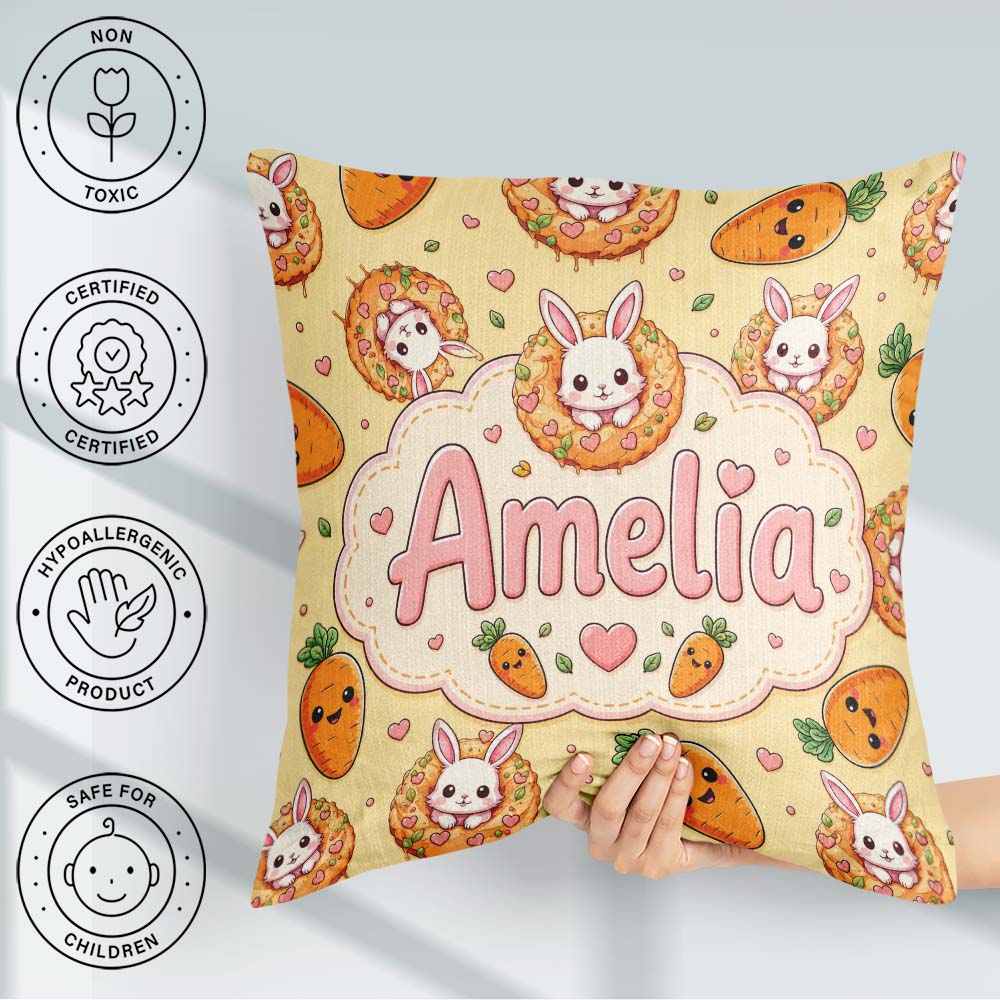 Custom Name Cute Kawaii Bunny with Carrot Donut Seamless Pattern Square Filled Cushion Throw Pillow Sofa Bed Home Decor Zip Washable UK Made