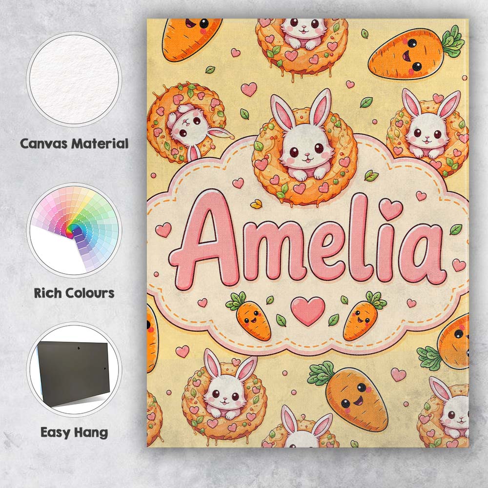 Personalised Name Cute Kawaii Bunny with Custom Unique Gift Idea Elegant Feature Canvas Wall Art Print Decor Picture Ready to Hang