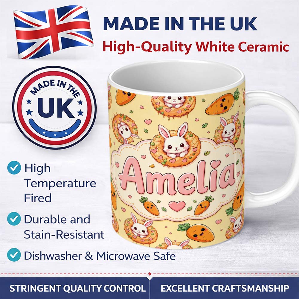 Personalized Custom Name Cute Kawaii Bunny with Carrot Donut Seamless Pattern Yellow 11oz Ceramic Coffee Tea Mug White Large Handle