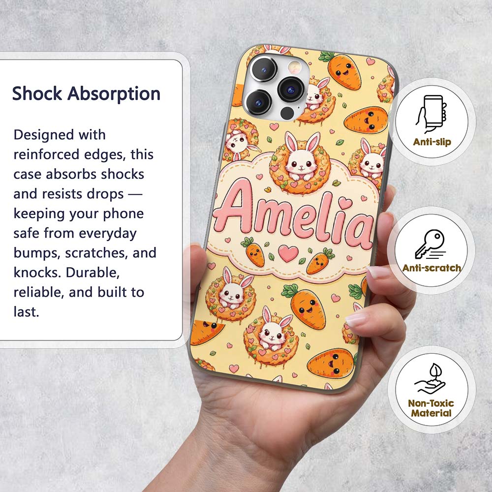 Cute Kawaii Bunny with Carrot Donut Seamless Custom Name Protective Phone Case Mobile Cover Durable Everyday Smartphone Shock Resistant