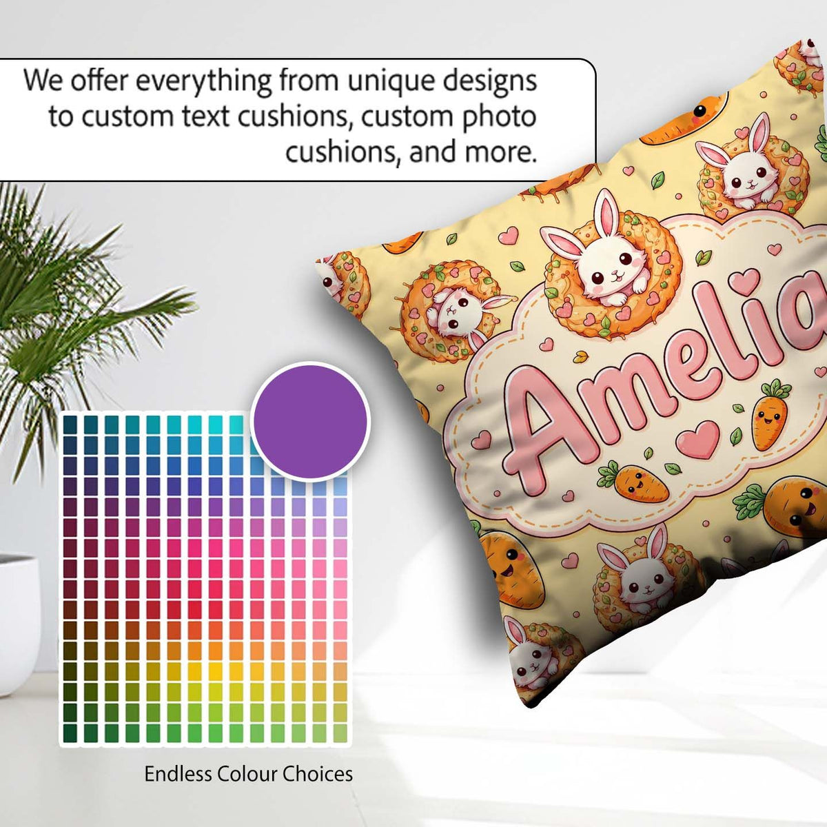 Custom Name Cute Kawaii Bunny with Carrot Donut Seamless Pattern Square Filled Cushion Throw Pillow Sofa Bed Home Decor Zip Washable UK Made