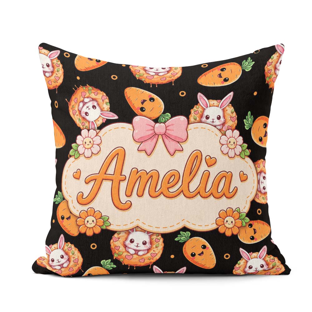 Custom Name Cute Kawaii Bunny with Carrot Donut Seamless Pattern Square Filled Cushion Throw Pillow Sofa Bed Home Decor Zip Washable UK Made