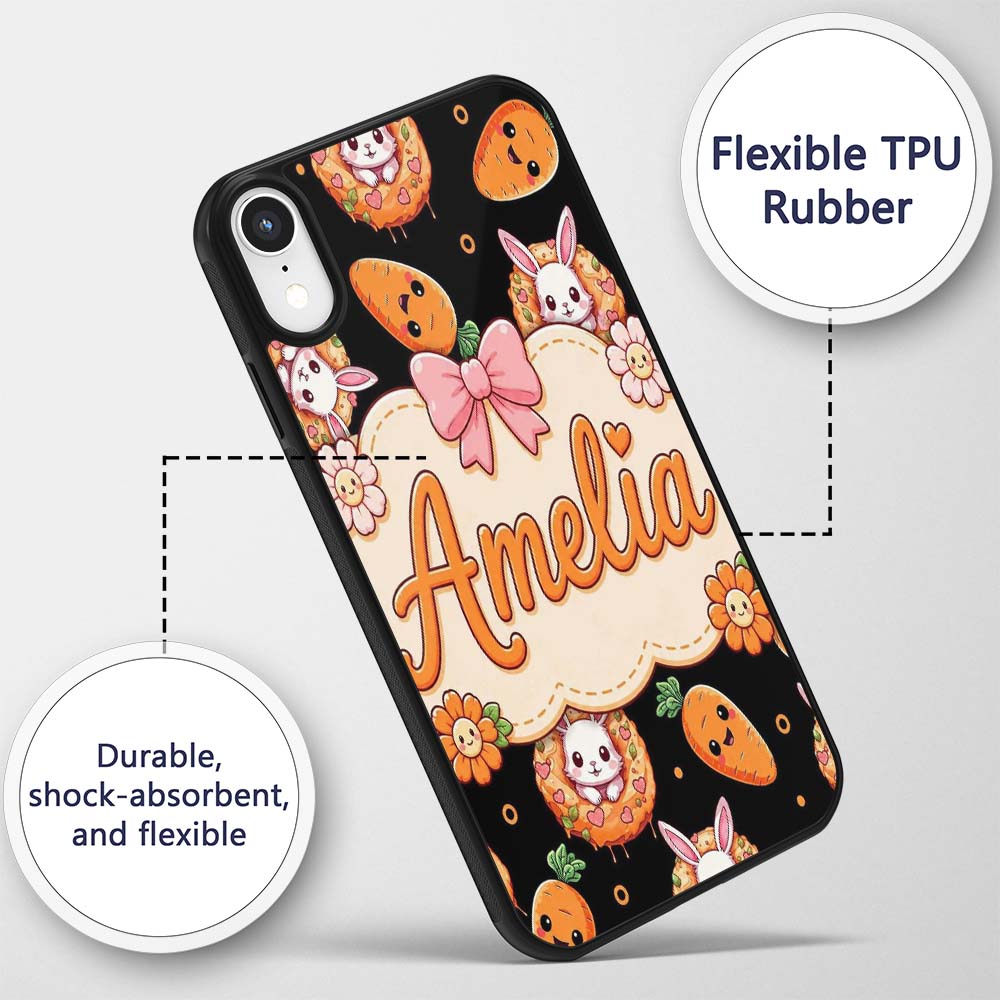 Cute Kawaii Bunny with Carrot Donut Seamless Custom Name Protective Phone Case Mobile Cover Durable Everyday Smartphone Shock Resistant