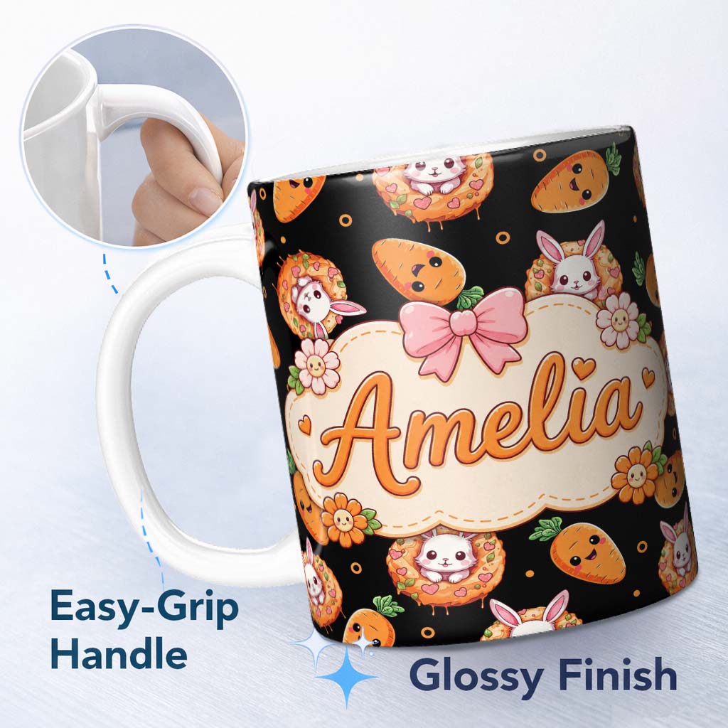 Personalized Custom Name Cute Kawaii Bunny with Carrot Donut Seamless Pattern Black 11oz Ceramic Coffee Tea Mug White Large Handle